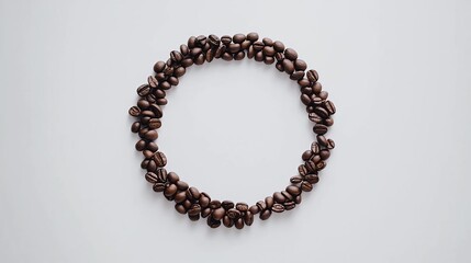 Circular arrangement of coffee beans on a white background with copy space image