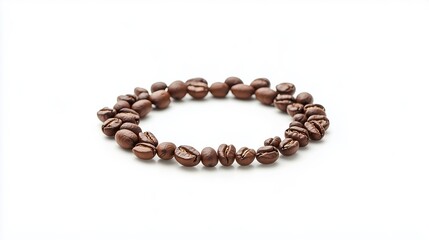 Circular arrangement of coffee beans on a white background with copy space image