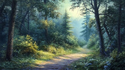 Naklejka premium Serene Forest Pathway with Lush Greenery and Soft Morning Light