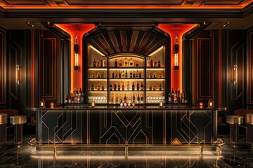 A stylish Art Deco hotel bar showcases a black countertop, gold trim, and a mirrored wall filled with bottles