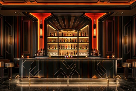 A stylish Art Deco hotel bar showcases a black countertop, gold trim, and a mirrored wall filled with bottles