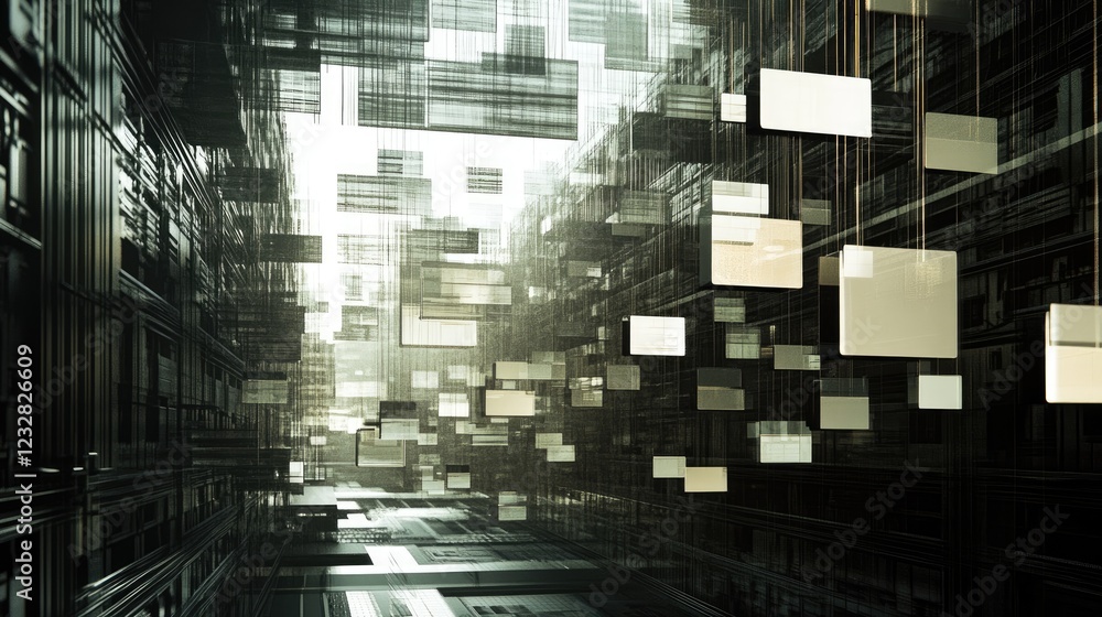 Poster abstract digital cityscape featuring suspended rectangular forms