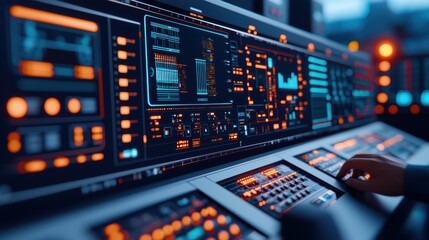 Obraz premium A high-tech control panel featuring glowing buttons and digital displays, showcasing data and interface elements in a futuristic setting.
