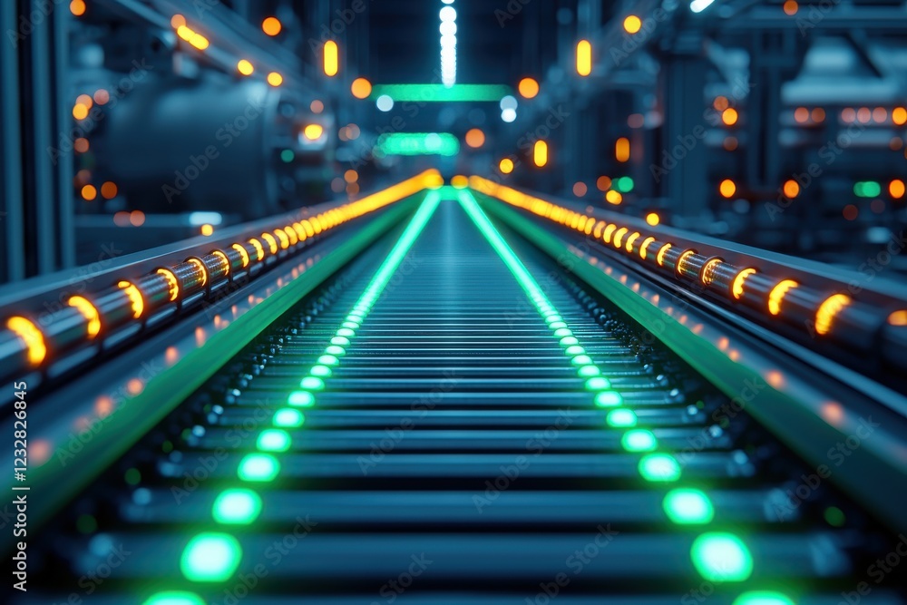 Poster a close-up of a conveyor belt illuminated by vibrant led lights, showcasing a modern industrial sett