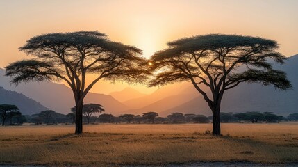 Sunrise silhouettes of acacia trees in African savanna.