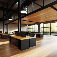 modern open plan office interior with black and wood furniture