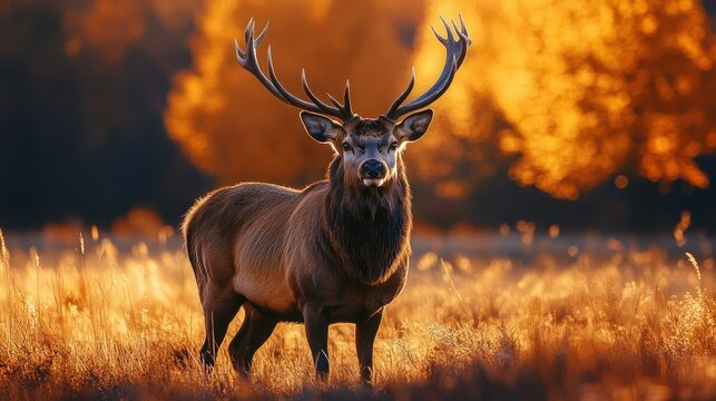 Majestic red deer stag at sunset in autumnal field