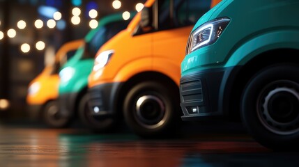 Colorful delivery vans parked at night; city lights blurred background; transportation, logistics