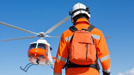 A rescue worker in orange gear faces a helicopter, symbolizing readiness and dedication in emergency medical operations.