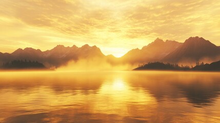Fototapeta premium Golden Sunrise Over Tranquil Mountain Lake with Misty Reflections
