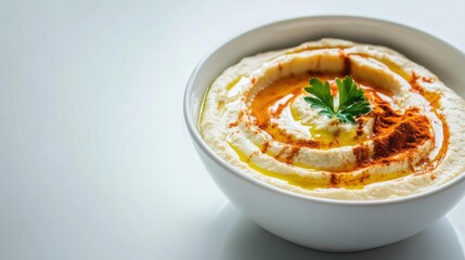 A simple bowl of creamy hummus topped with a drizzle of olive oil and a sprinkle of paprika, served in a plain white dish, Bowl centered