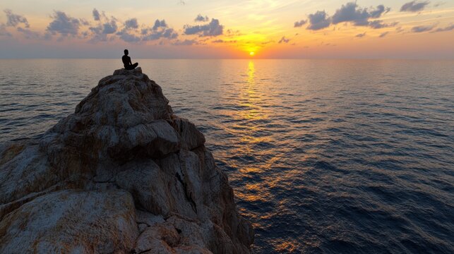 A silhouette meditates atop a rocky cliff as the sun sets over a vast, tranquil ocean, embodying serenity and introspection. - Powered by Adobe