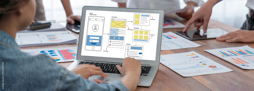 Poster UX UI design process for brisk mobile application and website . Creative prototype of wireframe for professional app developer .