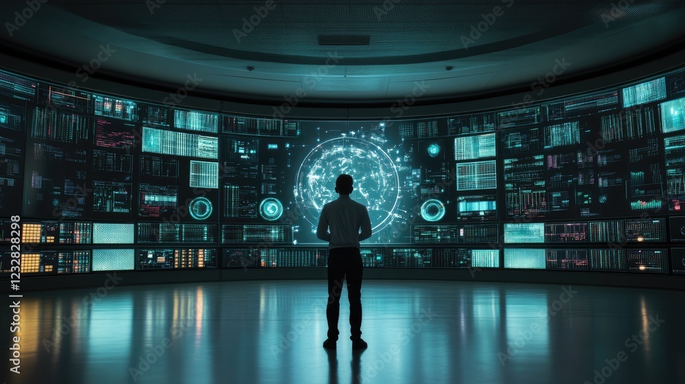 Poster Man Observing Global Data On Massive Screens