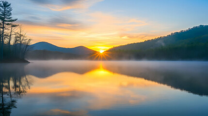 Naklejka premium Sunrise over Misty Mountain Lake: A Serene Landscape