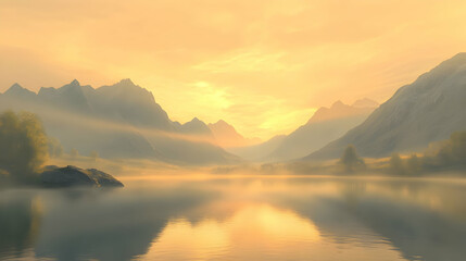 Obraz premium Golden Hour Mountain Lake: A Serene Sunrise Landscape