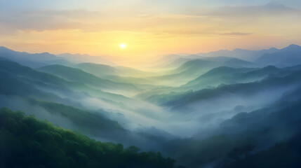 Fototapeta premium Misty Mountain Sunrise: A Serene Landscape