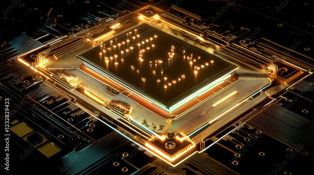 Poster illuminated microchip glowing golden circuitry design