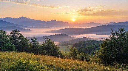 Serene Sunrise Over Misty Mountains in a Beautiful Landscape