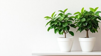 Obraz premium Two Lush Green Plants in White Pots on a Shelf