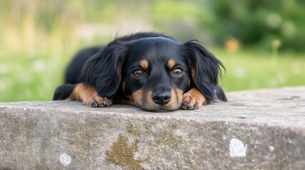 A dog rests its head on a stone surface, eyes filled with longing, exuding both melancholy and serene patience.