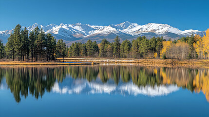 Fototapeta premium Majestic Mountain Lake in Autumn: Breathtaking Reflection of Snow-capped Peaks and Colorful Fall Foliage