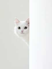 Cute white cat peeking out from behind the corner - A charming white cat observes from behind a white wall, embodying curiosity, playfulness, innocence, surprise, and sweetness.
