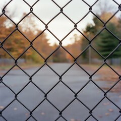 Fototapeta premium chain link fence with blurred autumn trees and road in the background