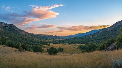 Fototapeta premium Serene Valley Landscape with Colorful Sky at Sunset in Nature