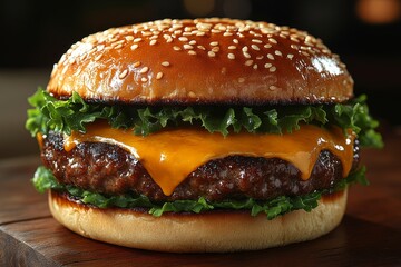 Delicious Cheeseburger with Lettuce and Sesame Bun - A mouthwatering cheeseburger featuring a juicy beef patty, fresh lettuce, and a sesame seed bun. Perfect for food lovers and culinary enthusiasts.