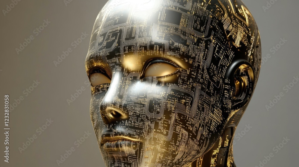 Poster a golden robotic head with circuitry design