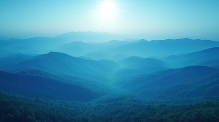 Fototapeta premium Misty mountain range sunrise, serene landscape, peaceful background, ideal for travel