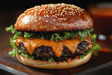 Delicious Gourmet Cheeseburger with Lettuce and Sauce - A juicy gourmet cheeseburger featuring melted cheese, fresh lettuce, and a sesame seed bun, served on a rustic wooden board.