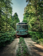 Naklejka premium Autobus abandonado el bosque, cubierto de malezaen medio de un camino rural