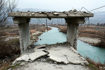 destroyed bridge showcases broken concrete sections, highlighting impact of natural disasters. surrounding landscape adds to somber atmosphere