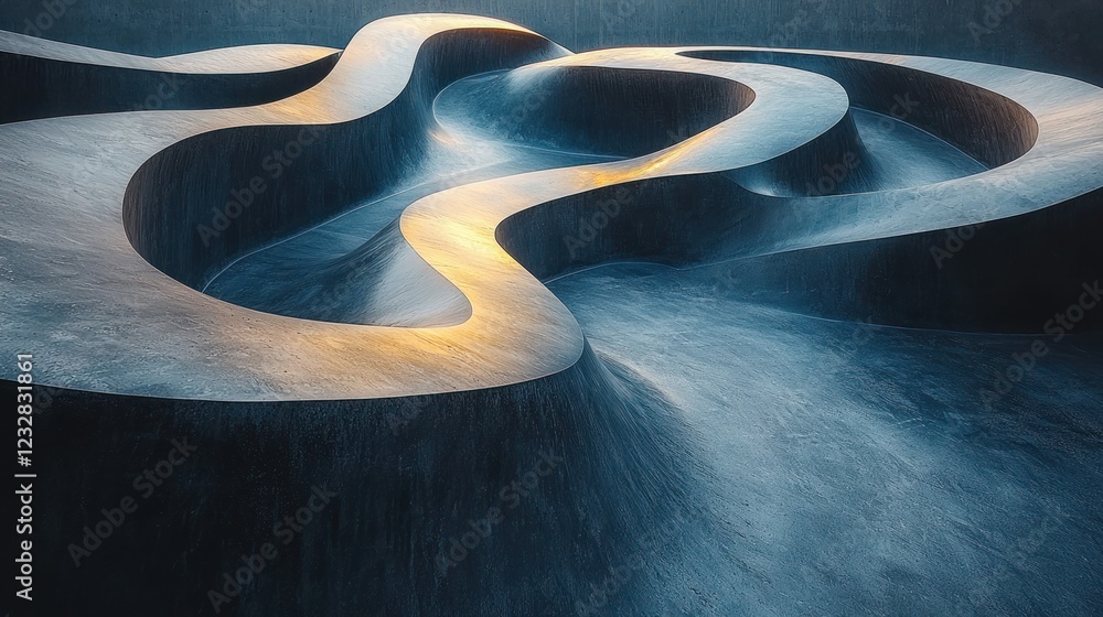 Poster curving concrete forms in dark setting with golden light reflection