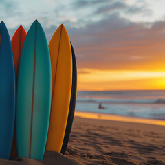 Surfboards in the sand with ocean waves at sunset