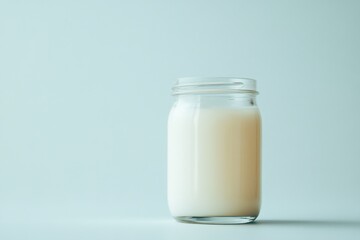 glass jar of milk on a light blue background
