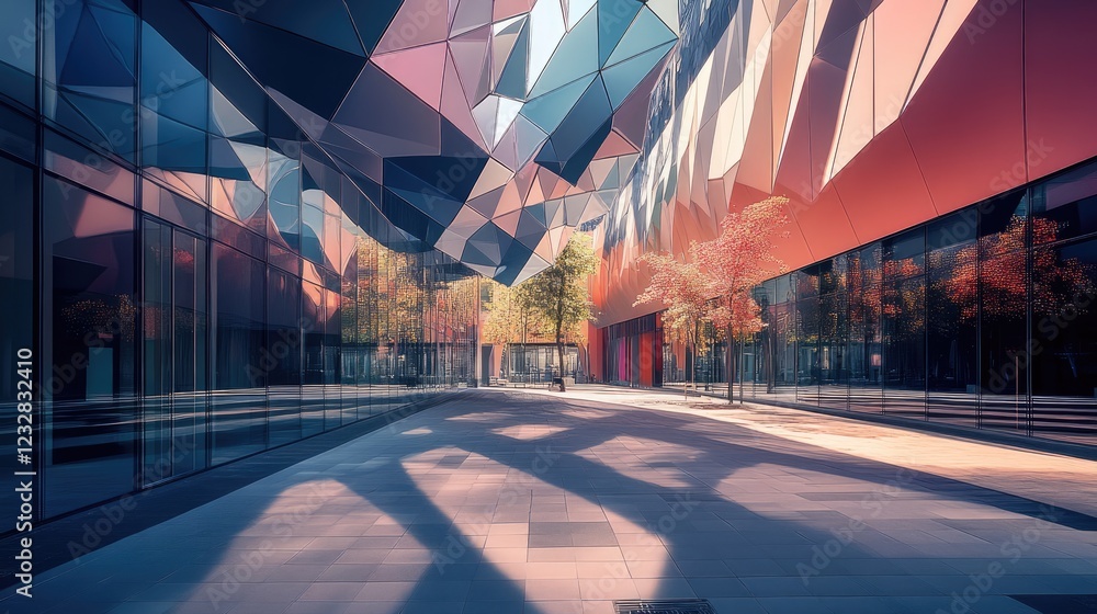 Poster modern geometric building architecture with autumn trees
