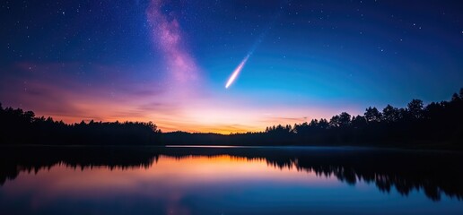 Fototapeta premium Comet over serene lake at sunset, starry sky, nature background