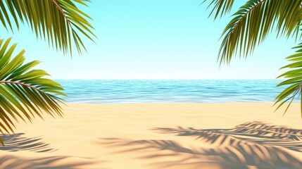 Fototapeta premium Tranquil Tropical Beach Scene with Lush Palm Fronds Framing Calm Waters and Golden Sand Under a Clear Blue Sky