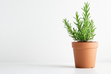 fresh rosemary herb growing in a terracotta pot against a white background