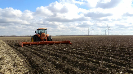 Fototapeta premium Tractor Plowing Farmland with Wind Turbines in Background