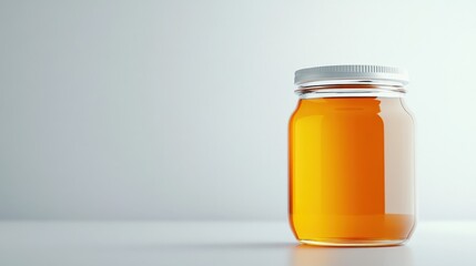 jar of golden honey with white lid on white background