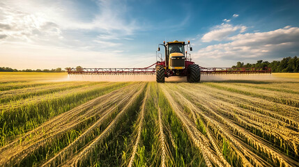 Fototapeta premium Tractor Spraying Crops in a Golden Wheat Field