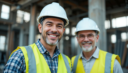 two senior engineers wearing white hardhats standing and posing at a construction site, looking at the camera with smile with blank copy space  