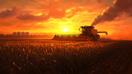 Fototapeta premium Majestic Harvester at Sunset: A Golden Hour Harvest