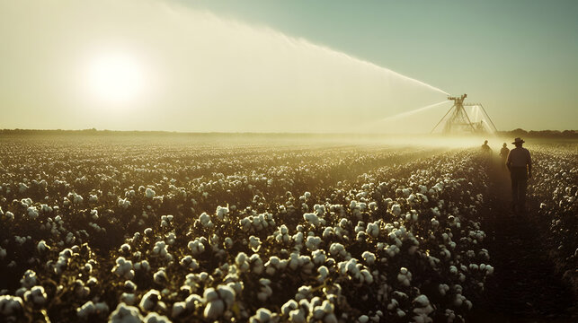 Cotton Harvest at Sunset: Farmers Working in a Vast Field - Powered by Adobe