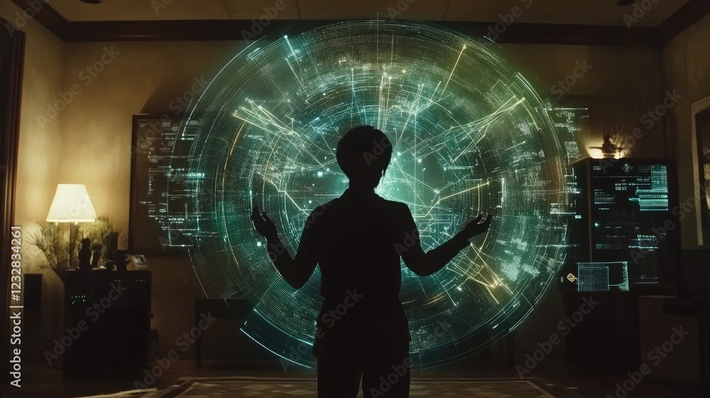 Poster silhouetted figure interacting with a futuristic holographic display