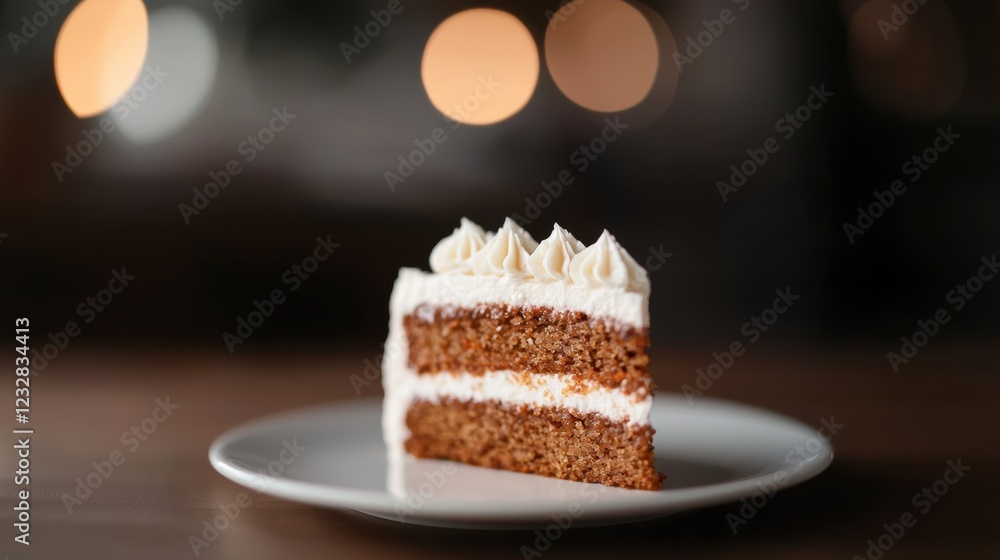 Poster slice of cake on a white plate. the cake appears to be a carrot cake with layers of white frosting o